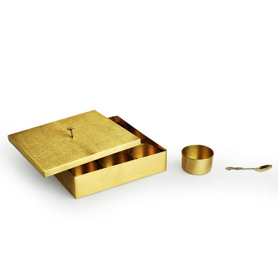Courtyard Hand-Etched' Spice Box With Spoon In Brass (9 Containers, 80 ml)