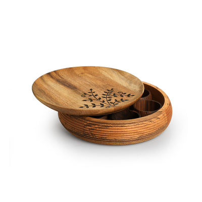 Burnt Leaf' Handcrafted Spice Box With Spoon In Mango & Sheesham Wood (7 Containers, 60 ml)