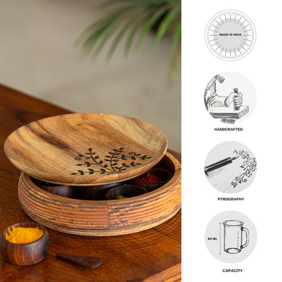 Burnt Leaf' Handcrafted Spice Box With Spoon In Mango & Sheesham Wood (7 Containers, 60 ml)