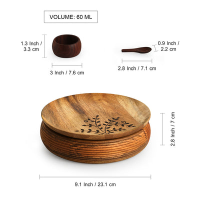 'Burnt Leaf' Handcrafted Spice Box With Spoon In Mango & Sheesham Wood (7 Containers, 60 ml)