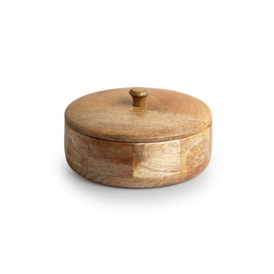 Patched' Handcarved Chapati Box With Lid In Mango Wood (8.0 Inch, 1140 ml)