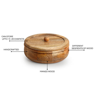 Patched' Handcarved Chapati Box With Lid In Mango Wood (7.9 Inch, 1060 ml)