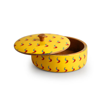 Peacocks' Hand-Enamelled Chapati Box With Lid In Mango Wood (8.0 Inch, 1140 ml)