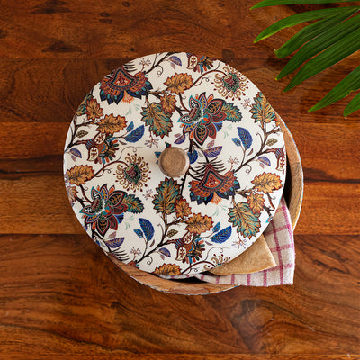 'Floral Chronicles' Hand-Enamelled Chapati Box With Lid In Mango Wood (20.3 cm, 1140 ml)