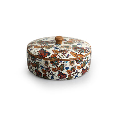 Floral Chronicles' Hand-Enamelled Chapati Box With Lid In Mango Wood (8.0 Inch, 1140 ml)