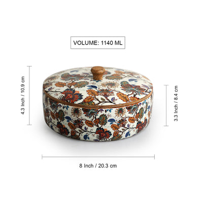 'Floral Chronicles' Hand-Enamelled Chapati Box With Lid In Mango Wood (20.3 cm, 1140 ml)