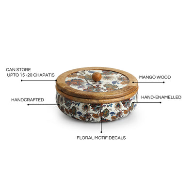 Floral Chronicles' Hand-Enamelled Chapati Box With Lid In Mango Wood (8.0 Inch, 1080 ml)