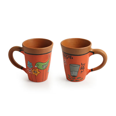 Chai Birdies' Terracotta Coffee & Tea Cups (Set Of 2, 250 ML, Hand-Painted, Orange)
