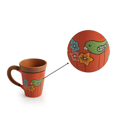 Chai Birdies' Terracotta Coffee & Tea Cups (Set Of 2, 250 ML, Hand-Painted, Orange)