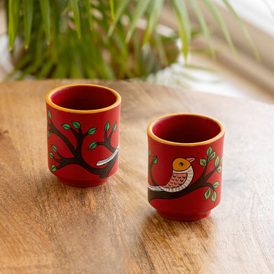 Forest Birds' Hand-Painted Terracotta Kullads (Set of 2, 200 ML, Red)