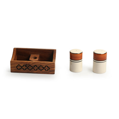 Geometry Arcs' Handcrafted Ceramic Salt & Pepper Shaker Set With Sheesham Wood Holder (80 ml, Pyrographed)