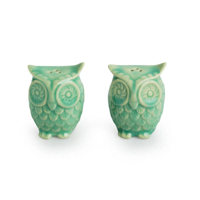 'Caribbean Green' Handcrafted Salt & Pepper Shakers In Ceramic (Set of 2, 80 ML, Hand-Etched)