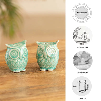 'Caribbean Green' Handcrafted Salt & Pepper Shakers In Ceramic (Set of 2, 80 ML, Hand-Etched)