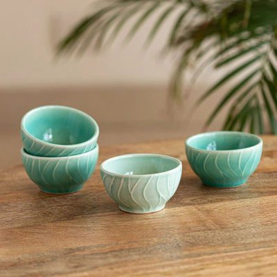 'Caribbean Green' Hand Glazed Ceramic Dinner Bowls/Katoris (Set of 4, 120 ML, Microwave Safe, Hand-Etched)