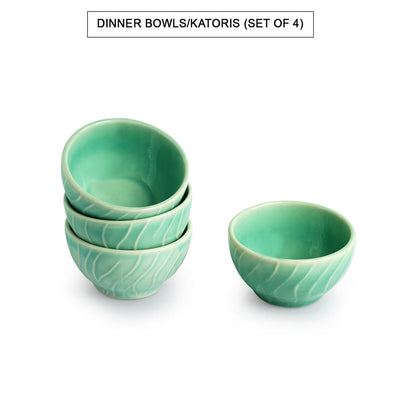 'Caribbean Green' Hand Glazed Ceramic Dinner Bowls/Katoris (Set of 4, 120 ML, Microwave Safe, Hand-Etched)
