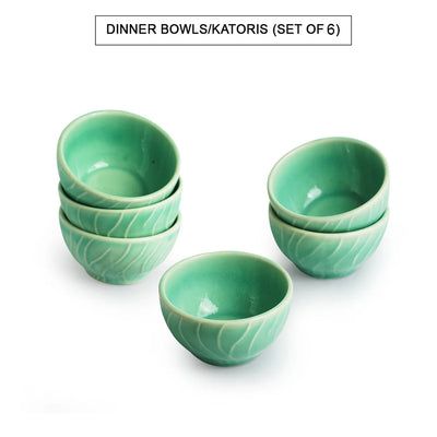 'Caribbean Green' Hand Glazed Ceramic Dinner Bowls/Katoris (Set of 6, 120 ML, Microwave Safe, Hand-Etched)