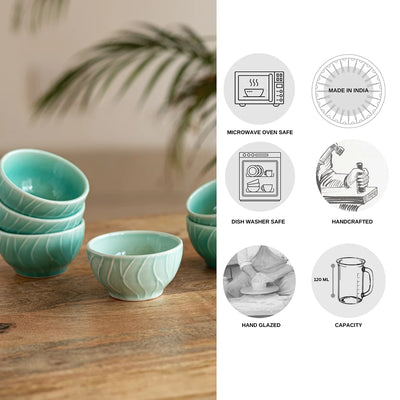 'Caribbean Green' Hand Glazed Ceramic Dinner Bowls/Katoris (Set of 6, 120 ML, Microwave Safe, Hand-Etched)
