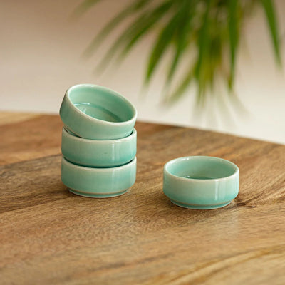 'Caribbean Green' Hand Glazed Ceramic Chutney & Dip Bowls (Set of 4, 30 ml, Microwave Safe)