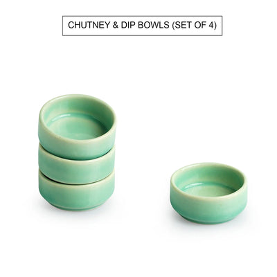 'Caribbean Green' Hand Glazed Ceramic Chutney & Dip Bowls (Set of 4, 30 ml, Microwave Safe)