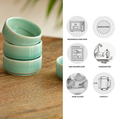 'Caribbean Green' Hand Glazed Ceramic Chutney & Dip Bowls (Set of 4, 30 ml, Microwave Safe)