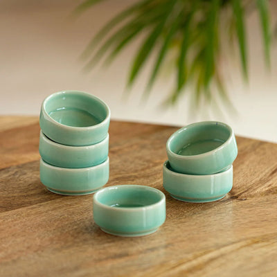 'Caribbean Green' Hand Glazed Ceramic Chutney & Dip Bowls (Set of 6, 30 ml, Microwave Safe)