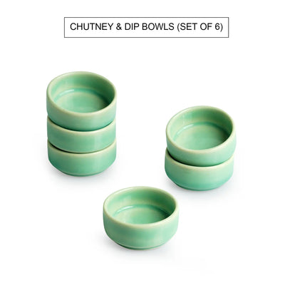 'Caribbean Green' Hand Glazed Ceramic Chutney & Dip Bowls (Set of 6, 30 ml, Microwave Safe)