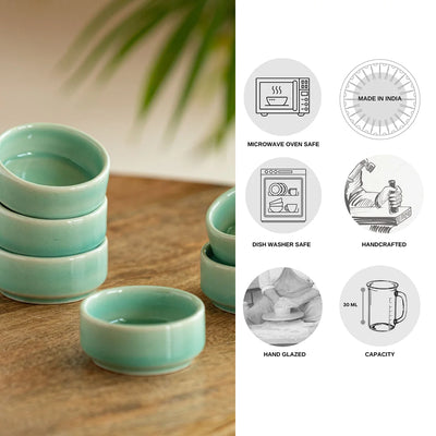 'Caribbean Green' Hand Glazed Ceramic Chutney & Dip Bowls (Set of 6, 30 ml, Microwave Safe)