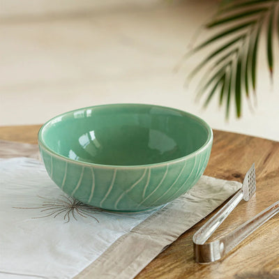 'Caribbean Green' Hand Glazed Ceramic Serving Bowl (1410 ml, Hand-Etched, Microwave Safe)