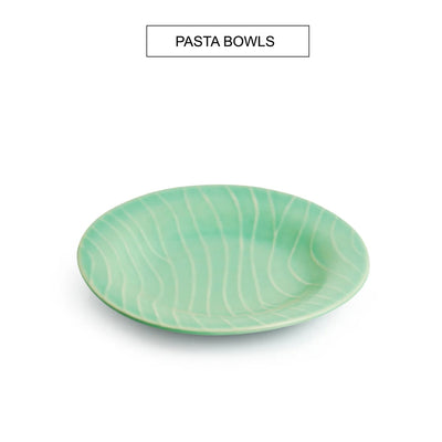 'Caribbean Green' Hand Glazed Ceramic Pasta Bowls/Plates (Microwave Safe, Hand-Etched)