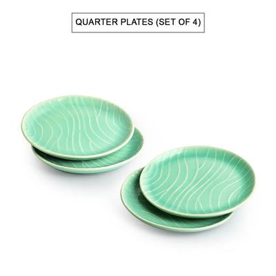 'Carribean Green' Hand Glazed Ceramic Side/Quarter Plates (Set of 4, Microwave Safe, Hand-Etched)