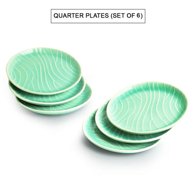 'Carribean Green' Hand Glazed Ceramic Side/Quarter Plates (Set of 6, Microwave Safe, Hand-Etched)