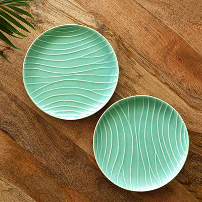 'Caribbean Green' Hand Glazed Ceramic Dinner Plates (Set of 2, Microwave Safe, Hand-Etched)