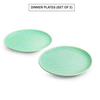 'Caribbean Green' Hand Glazed Ceramic Dinner Plates (Set of 2, Microwave Safe, Hand-Etched)
