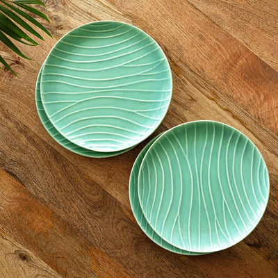 'Caribbean Green' Hand Glazed Ceramic Dinner Plates (Set of 4, Microwave Safe, Hand-Etched)