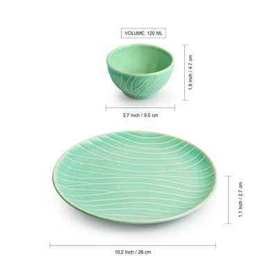 'Caribbean Green' Hand Glazed Ceramic Dinner Plate With Dinner Katoris (3 Pieces, Serving for 1, Microwave Safe, Hand-Etched)