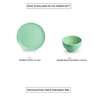 'Caribbean Green' Hand Glazed Ceramic Dinner Plate With Dinner Katoris (3 Pieces, Serving for 1, Microwave Safe, Hand-Etched)