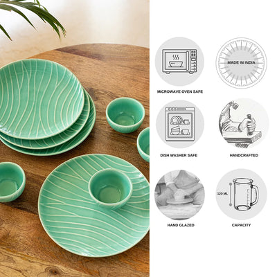 'Caribbean Green' Hand Glazed Ceramic Dinner Plates With Dinner Katoris (8 Pieces, Serving for 4, Microwave Safe, Hand-Etched)