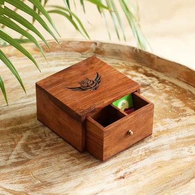 'Majestic Owl' Multiutility Tea Box (4 Sections, Sheesham Wood, Pyrographed)