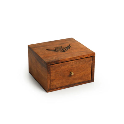 'Majestic Owl' Multiutility Tea Box (4 Sections, Sheesham Wood, Pyrographed)