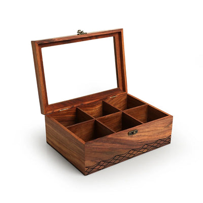 'Diamond Geometrica' Multiutility Tea Box (6 Sections, Sheesham Wood, Pyrographed)