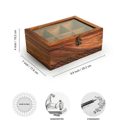 'Diamond Geometrica' Multiutility Tea Box (6 Sections, Sheesham Wood, Pyrographed)