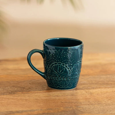 'Teal Forest' Hand Glazed Ceramic Tea & Coffee Mug (180 ml, Hand-Etched, Microwave Safe)