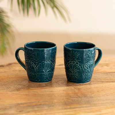 'Teal Forest' Hand Glazed Ceramic Tea & Coffee Mugs (Set of 2, 180 ml, Hand-Etched, Microwave Safe)