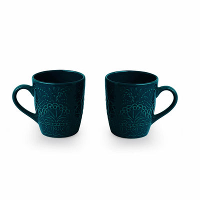 'Teal Forest' Hand Glazed Ceramic Tea & Coffee Mugs (Set of 2, 180 ml, Hand-Etched, Microwave Safe)