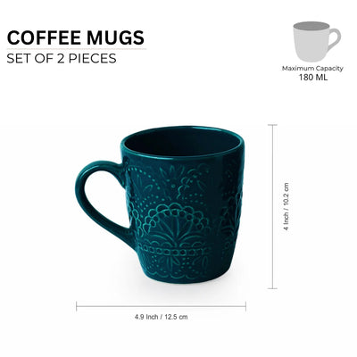 'Teal Forest' Hand Glazed Ceramic Tea & Coffee Mugs (Set of 2, 180 ml, Hand-Etched, Microwave Safe)