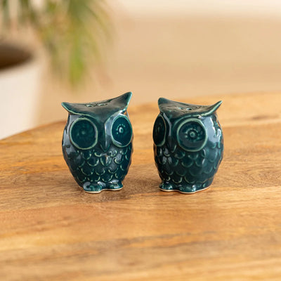 'Teal Forest' Handcrafted Salt & Pepper Shakers In Ceramic (Set of 2, 80 ml, Hand-Etched)