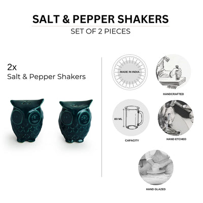 'Teal Forest' Handcrafted Salt & Pepper Shakers In Ceramic (Set of 2, 80 ml, Hand-Etched)