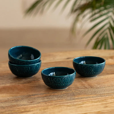 'Teal Forest' Hand Glazed Ceramic Dinner Bowls/Katoris (Set of 4, 120 ml, Hand-Etched, Microwave Safe)