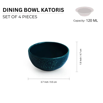 'Teal Forest' Hand Glazed Ceramic Dinner Bowls/Katoris (Set of 4, 120 ml, Hand-Etched, Microwave Safe)