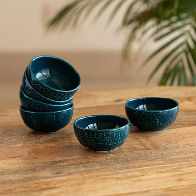 'Teal Forest' Hand Glazed Ceramic Dinner Bowls/Katoris (Set of 6, 120 ml, Hand-Etched, Microwave Safe)